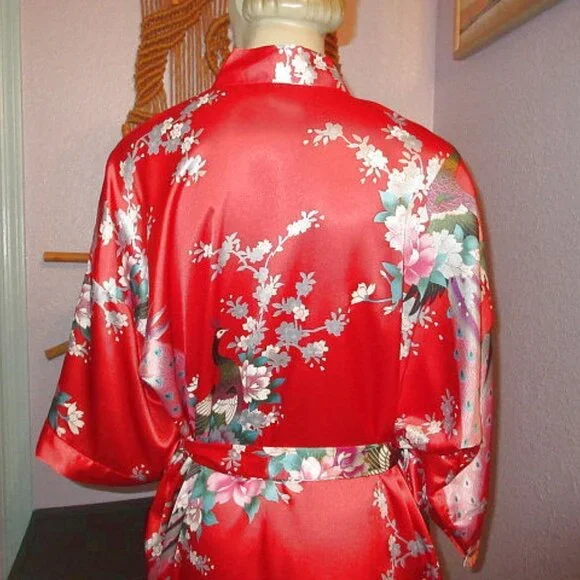Vtg Silk Kimono Robe One Size Asian Smoking Jacket Dressing Gown Exotic Floral - Picture 7 of 8